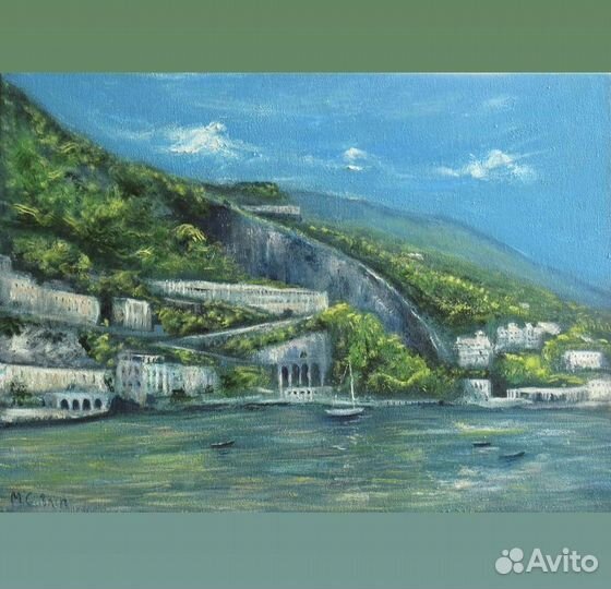 Картина маслом пейзаж бухта море яхты Италия