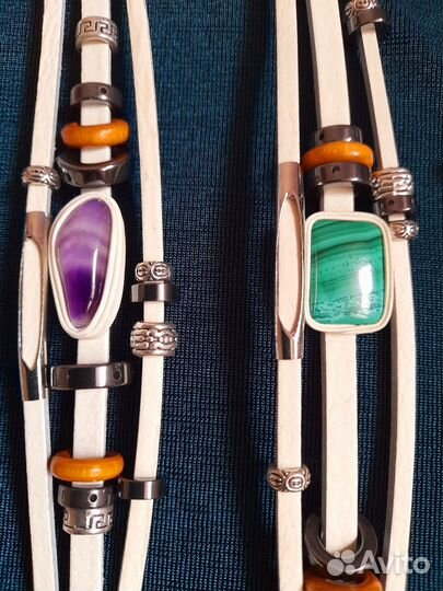 Браслеты кожа натуральный камень малахит аммонит