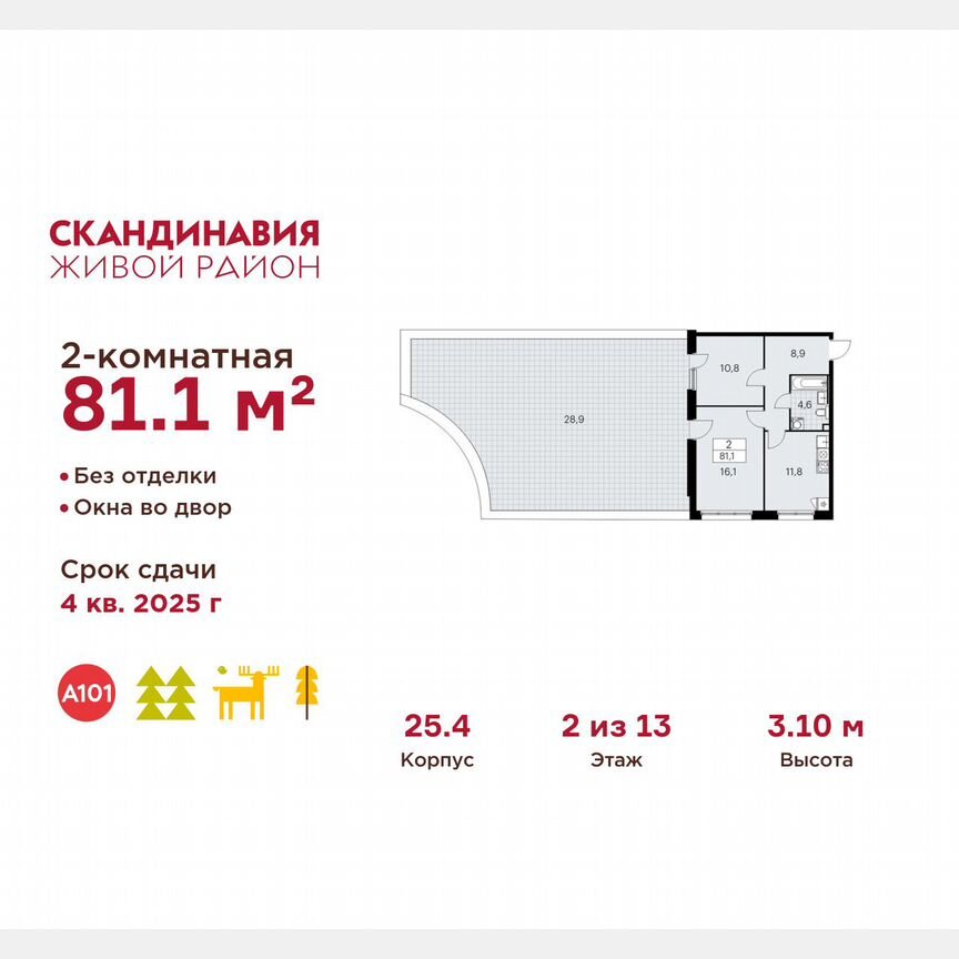 2-к. квартира, 81,1 м², 2/13 эт.