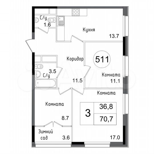 3-к. квартира, 70,6 м², 21/24 эт.