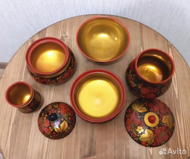 Комплект посуды из дерева с Хохломской росписью