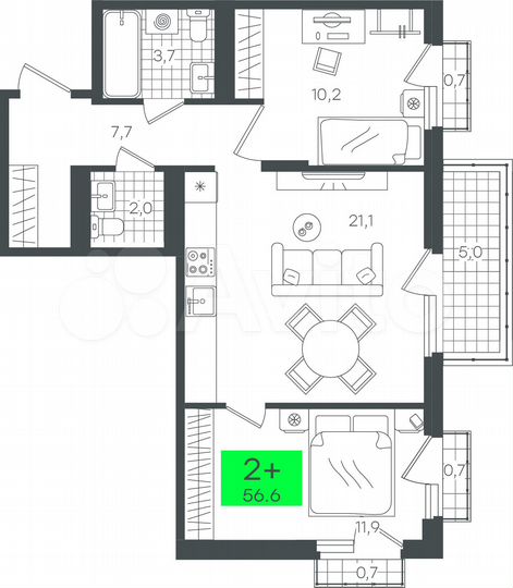 2-к. квартира, 56,6 м², 14/15 эт.