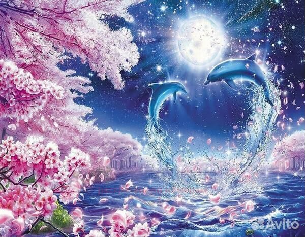 Алмазная мозаика 40x50 Два дельфина резвятся под п