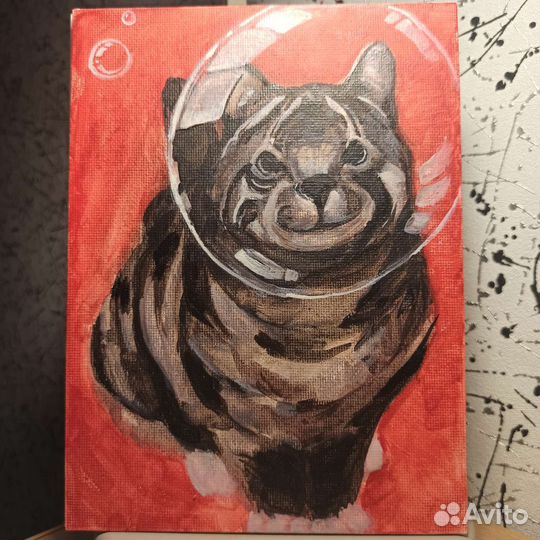 Картина котика на картонном грунтованном холсте