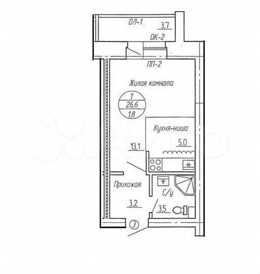 Квартира-студия, 26,6 м², 3/5 эт.