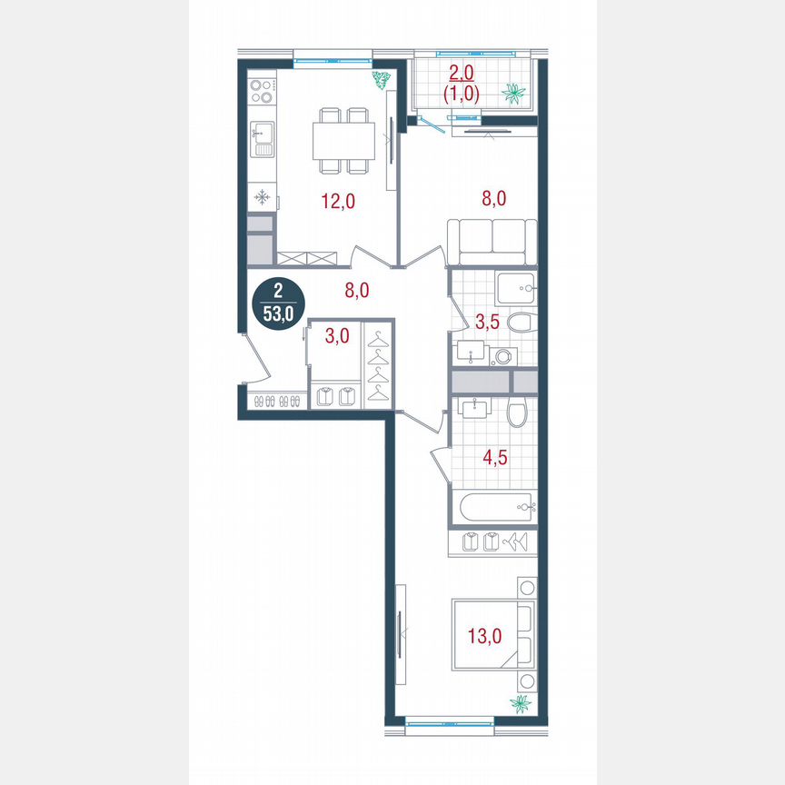 2-к. квартира, 53 м², 8/26 эт.