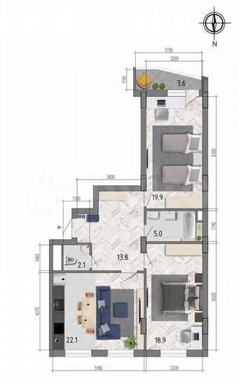 2-к. квартира, 83,6 м², 4/18 эт.