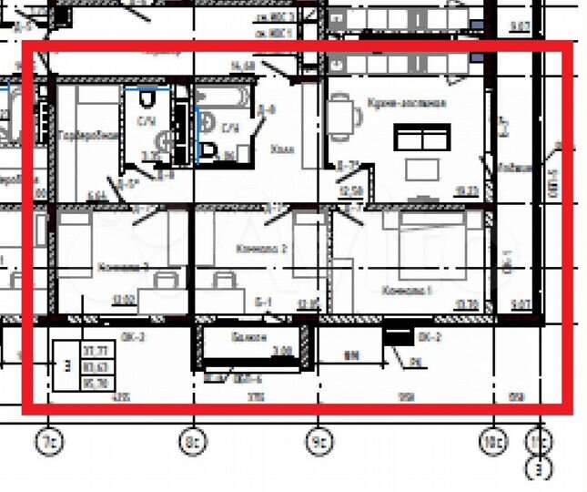 3-к. квартира, 89 м², 5/5 эт.