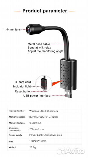Гибкая беспроводная IP-камера USB, Wi-Fi, HD