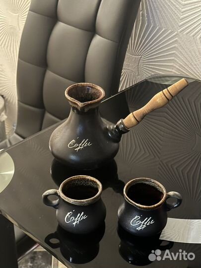 Турка для кофе глиняная и кофейная пара