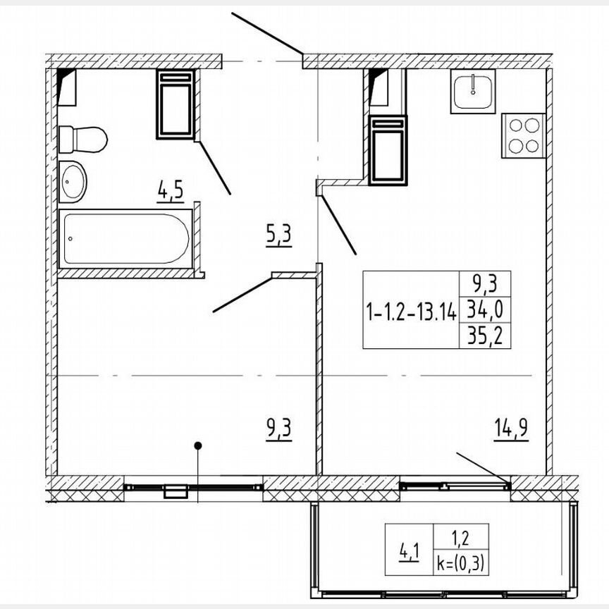 1-к. квартира, 35,2 м², 4/13 эт.