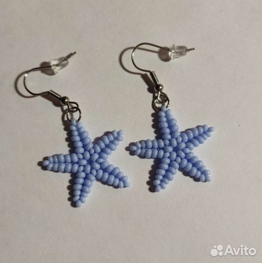 Серьги из бисера ручной работы; Голубые звездочки