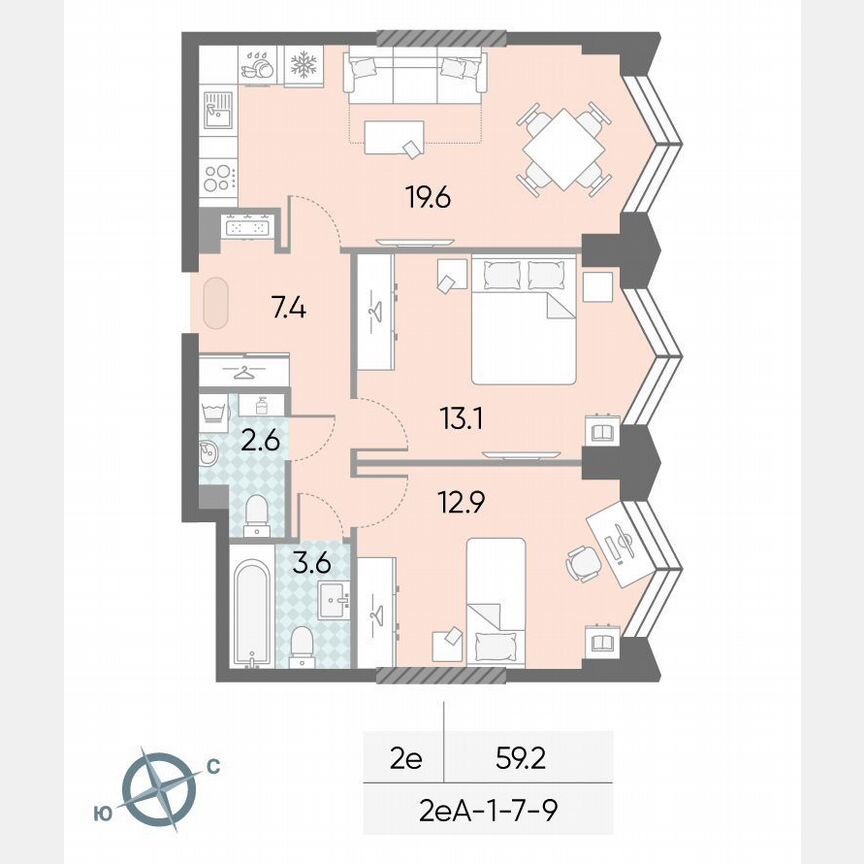 2-к. квартира, 59,2 м², 8/43 эт.