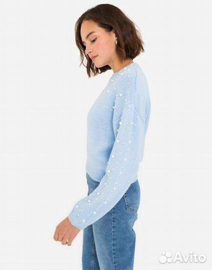 Голубой джемпер oversize С бусинами р.S