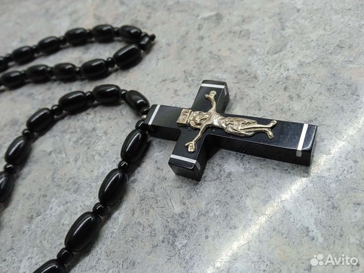 Крест.Четки,бусы,Гагат грузинский природный.Руч.ра