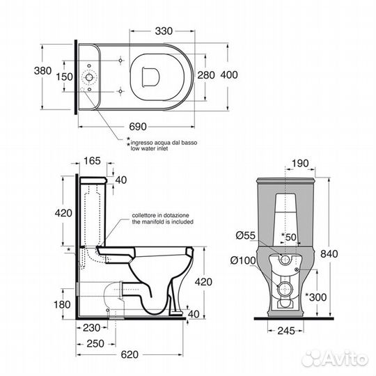 Azzurra charme унитаз моноблок 68*40см, слив унив