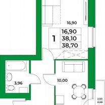 1-к. квартира, 38,7 м², 6/8 эт.