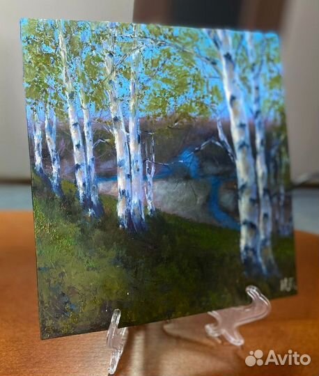 Картина маслом пейзаж 20х20см. Березки весной
