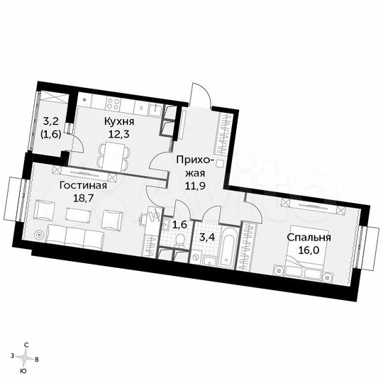2-к. квартира, 65,5 м², 2/16 эт.