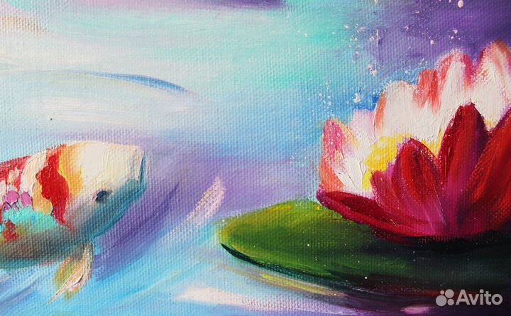 Картина маслом на холсте с карпами 35/50 см