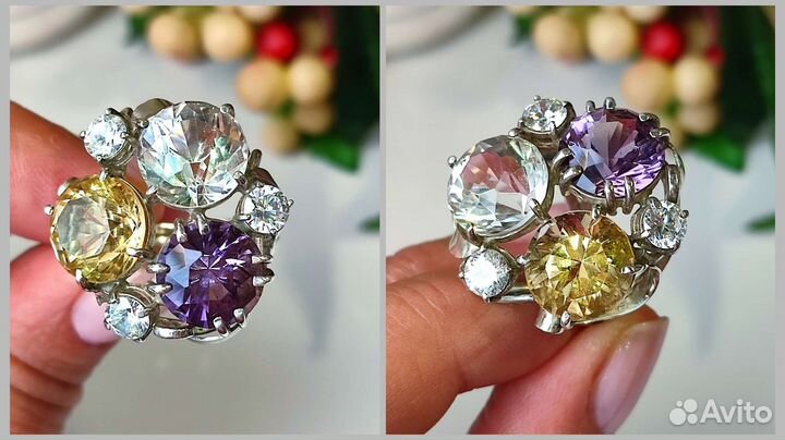 Кольцо хрусталь/цитрин/аметист 22ct 18р-р 925