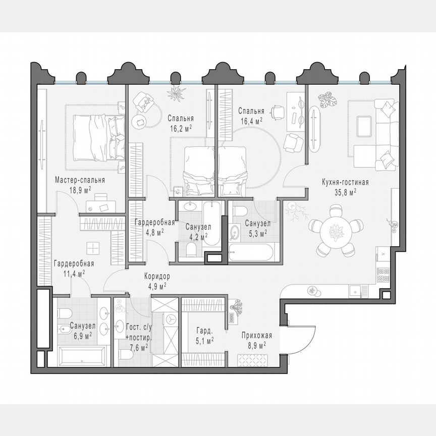 3-к. квартира, 145,6 м², 5/13 эт.