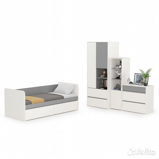 Мебель детская Торонто компоновка № 26, цвет белый шагрень/стальной серый, спальное место 800х1900 м