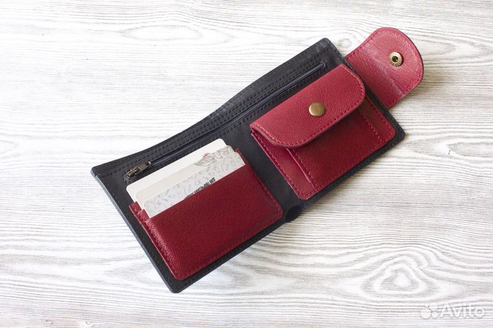 Портмоне из натуральной кожи черно-серое