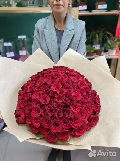 101 роза красная премиум, бесплатная доставка