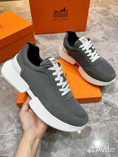 Кроссовки Hermes текстиль замша серые