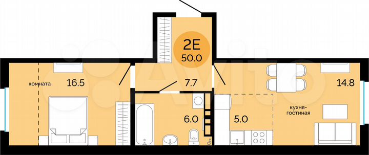 2-к. квартира, 50 м², 4/17 эт.