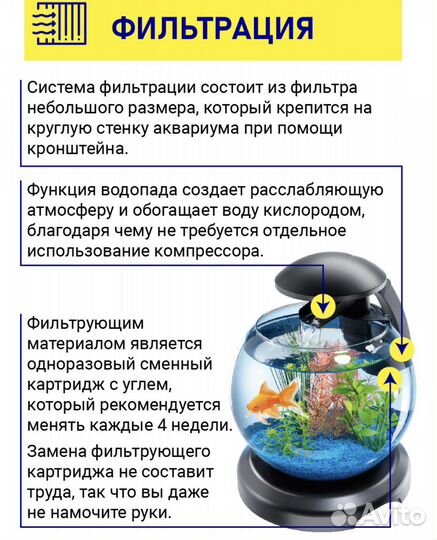 Аквариум круглый водопад, черный и белый (6,8 л)