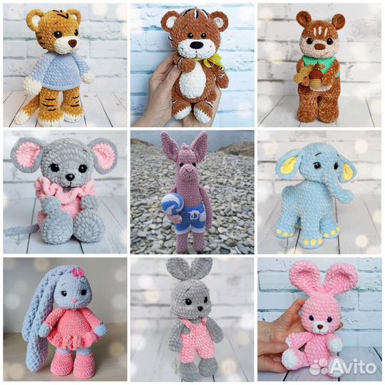 Игрушки вязаные. Тигр, мышка, зайка, слоник, лама