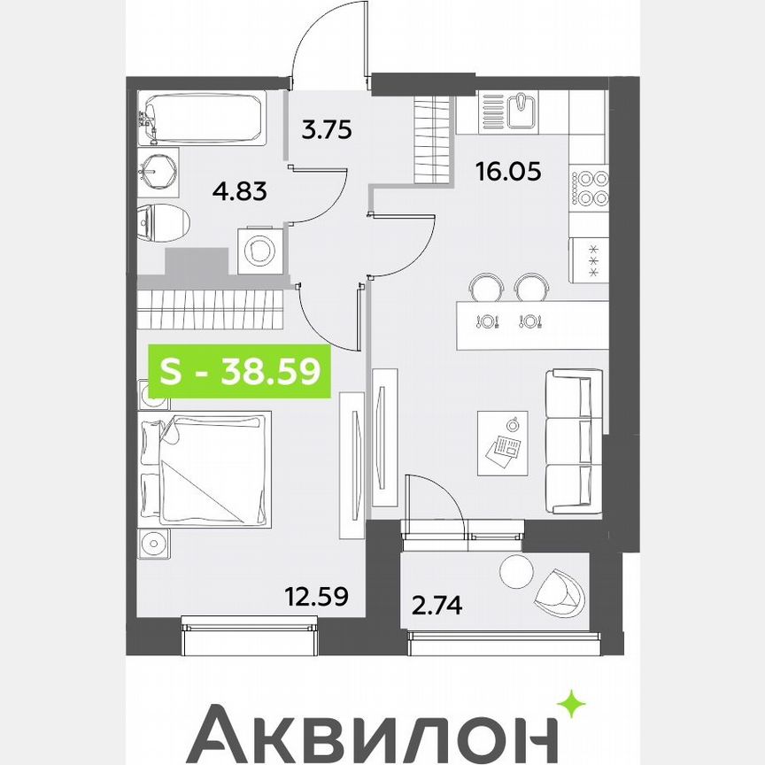 1-к. квартира, 38,6 м², 1/12 эт.