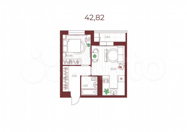 1-к. квартира, 42,8 м², 9/14 эт.
