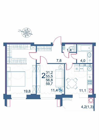 2-к. квартира, 59,7 м², 6/9 эт.