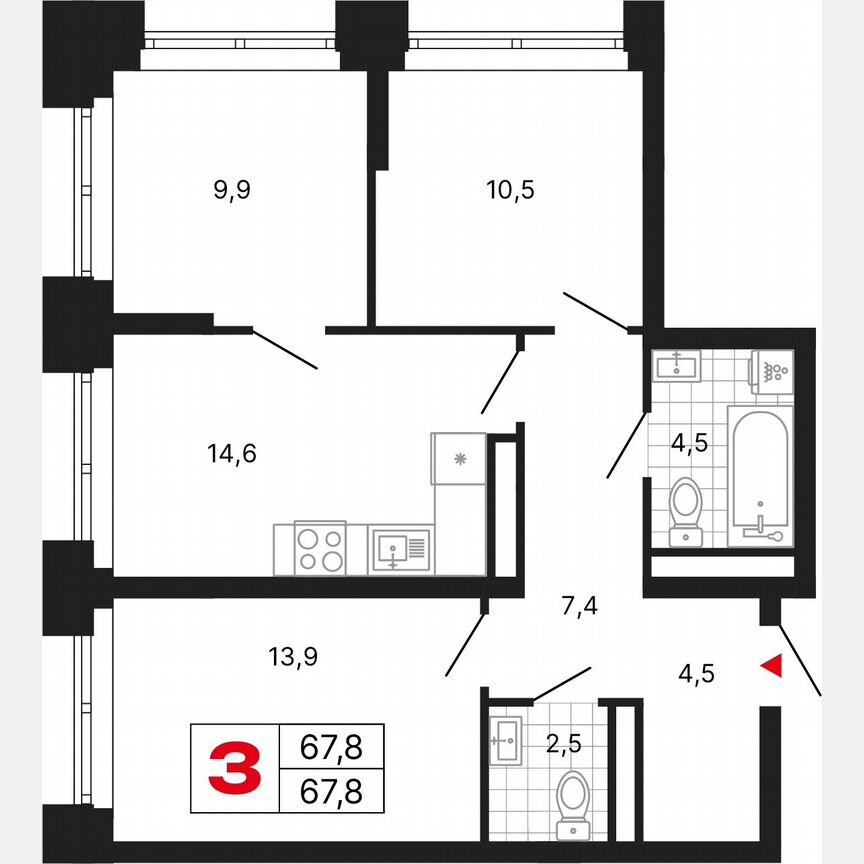 3-к. квартира, 67,8 м², 23/29 эт.
