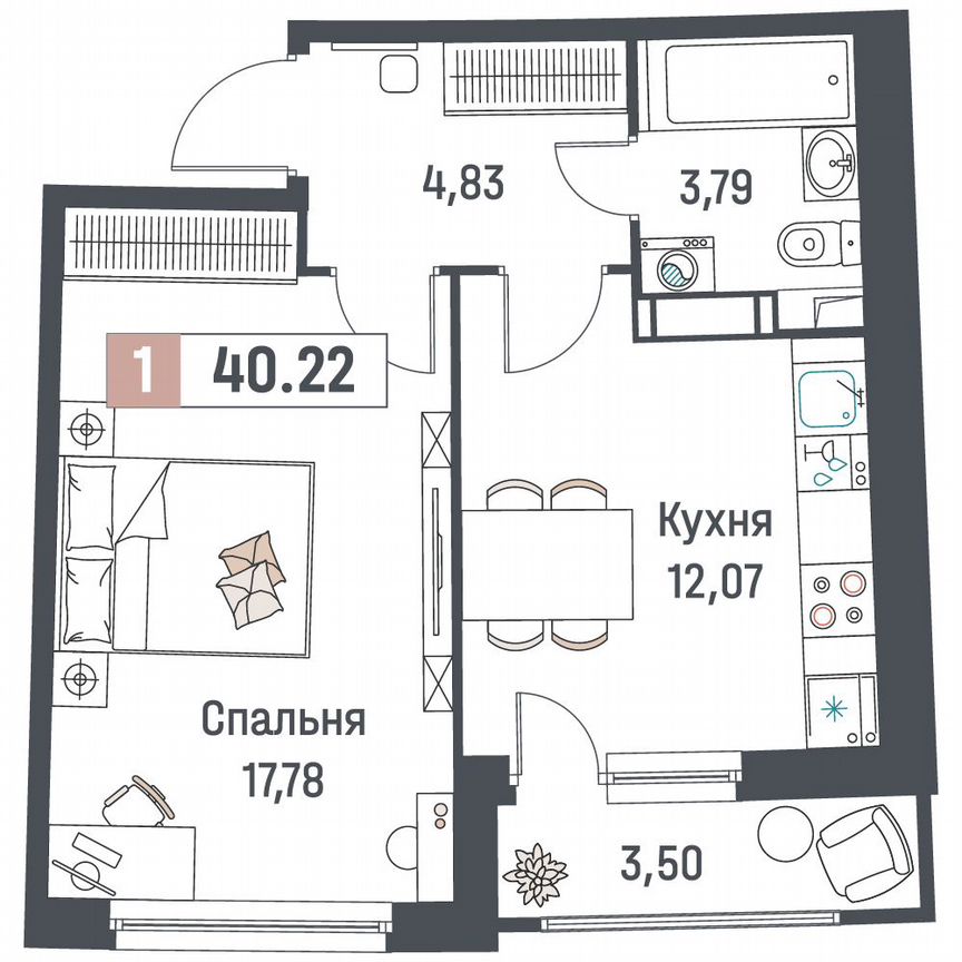1-к. квартира, 40,2 м², 15/18 эт.