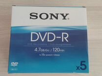 5 дисков в упаковке. sony DVD-R 4.7Gb 120 мин