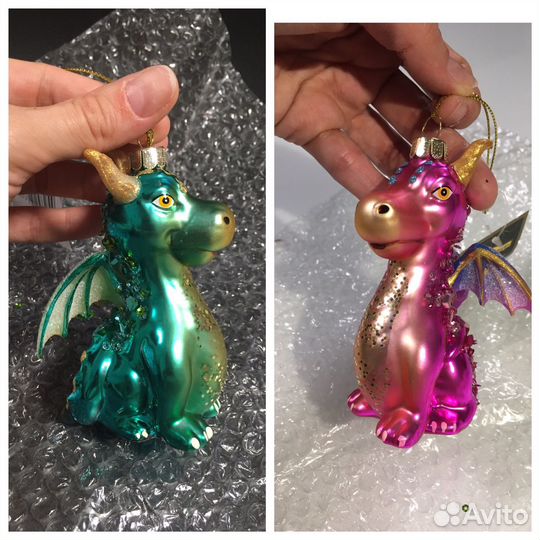 Елочная игрушка новая стекло дракон символ