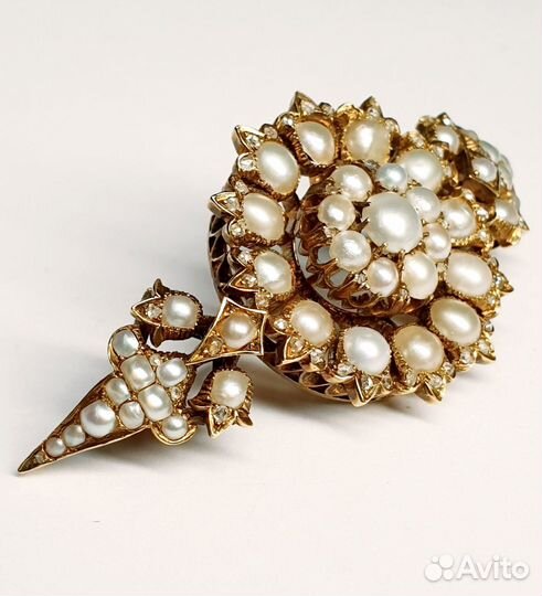 Антикварная золотая брошь с жемчугом и алмазами