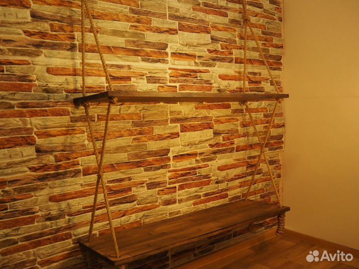 Полка деревянная, на джутовом канате