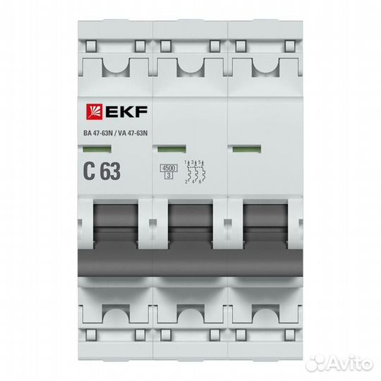 Выключатель автоматический модульный 3п C 63А 4.5кА ва 47-63N PROxima EKF M634363C