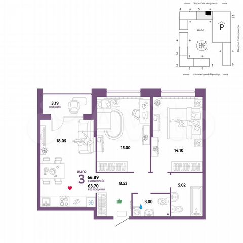 3-к. квартира, 66,9 м², 2/25 эт.