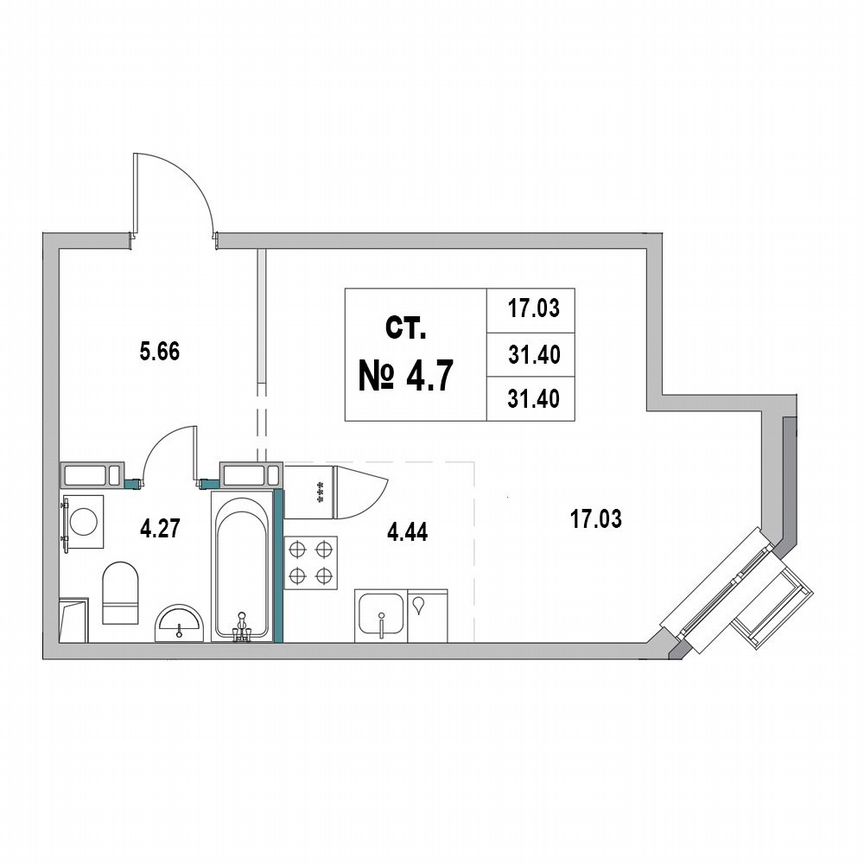 Квартира-студия, 31,4 м², 4/7 эт.