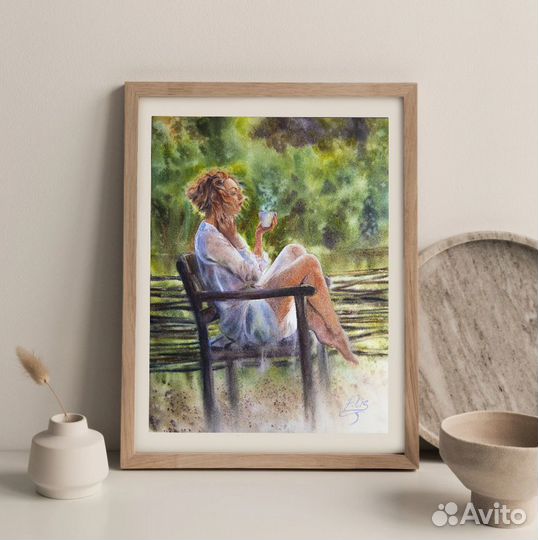 Картина акварелью с девушкой 