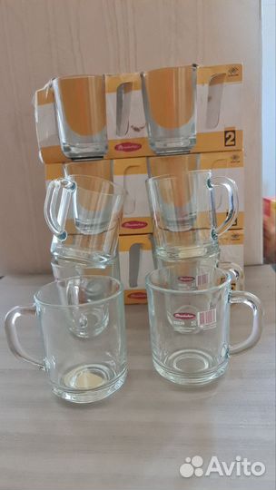 Много кружек и бокалов наборами Pasabahce