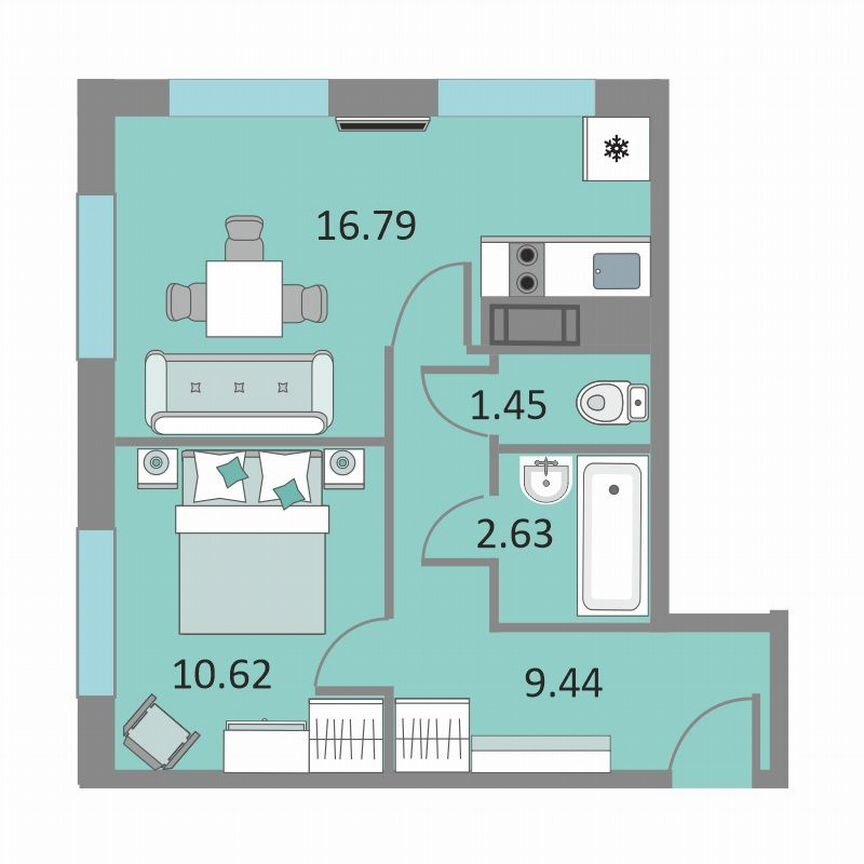 1-к. апартаменты, 40,6 м², 7/13 эт.