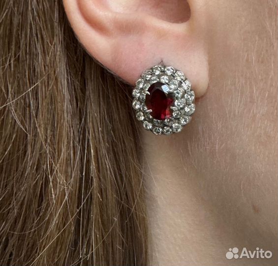 Серьги серебро гранат фианит малинка винтаж