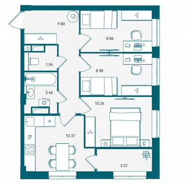 9-к. квартира, 57,2 м², 4/16 эт.